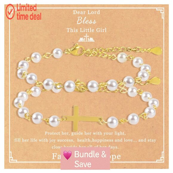 18K Gold-Plated Pearl Cross Rosary Bracelet, Hypoallergenic, 6.7" - Picture 1 of 8